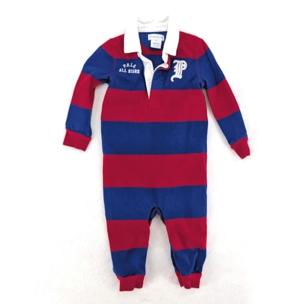 Ralph Lauren Rugby‎ Romper Red Blue Striped All Stars Varsity 12M Bodysuit